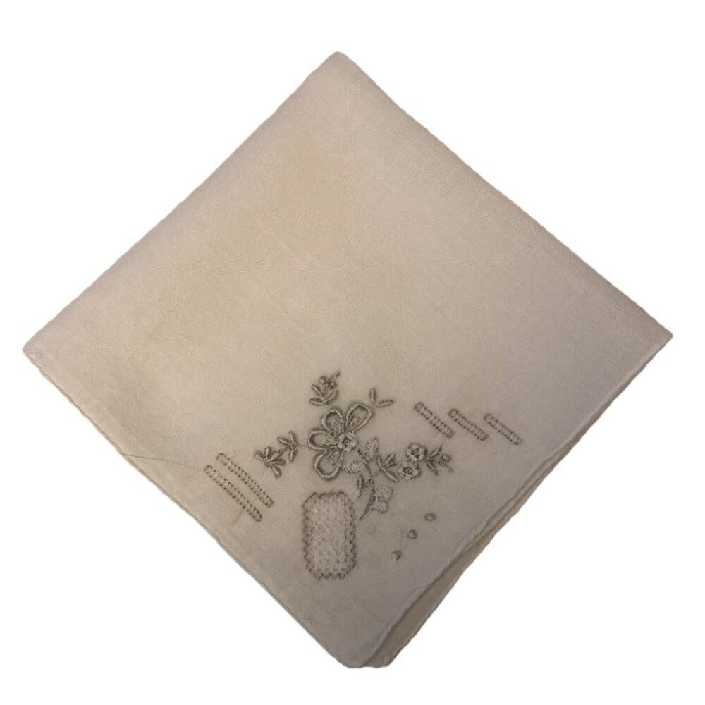 Vtg White w Silver Open Embroidery Cotton Hanky Handkerchief Wedding Anniversary
